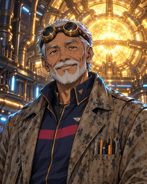 Chief Engineer Darmo Santoso, old and bearded, with goggles on his forehead.
