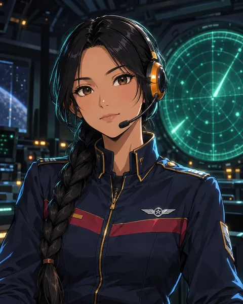 Ens. Kirana Dewi with a long braid and a headset.