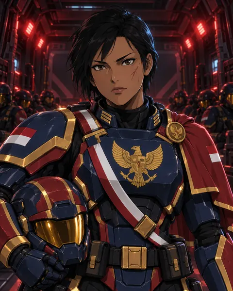 Capt. Laras Wiratama in navy and crimson armour, with a scar on her left cheek and her helmet under one arm.