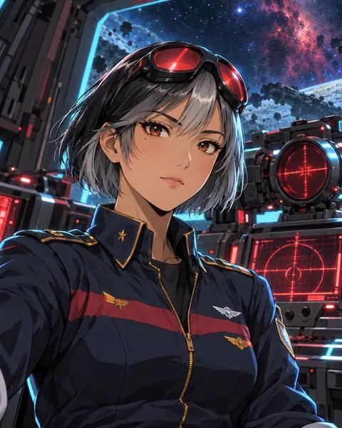 Lt. Cmdr. Sari Anggraini with red goggles on her silver hair, in front of a gun sight.