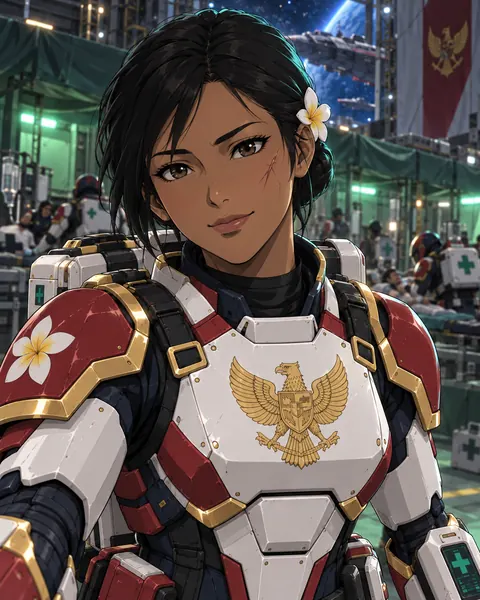 Sgt. Ni Putu Sekar in white medic armour, with a frangipani flower in her hair.