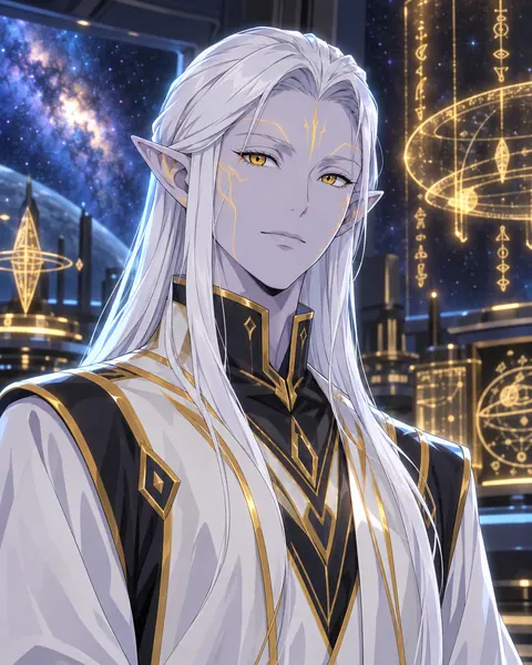 Vey, a Vaskari with long silver hair and gold lines on the face, in white robes.